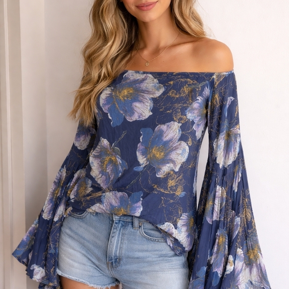 We The Free Tops - We The Free Free People Floral Off-Shoulder Bell Sleeve Top Whimsical Fairy Y2k